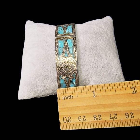 Vintage Mexico Sterling Silver & Crushed Turquoise Inca/Mayan Panel Bracelet - Picture 5 of 13